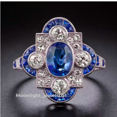 Vintage Art Deco Sapphire Lab-Created Diamond Wedding 14k White Gold Filled Ring
