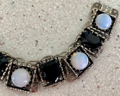 Vintage Onyx Mother of Pearl Cabochon Panel Bracelet Open Work Silver Tone