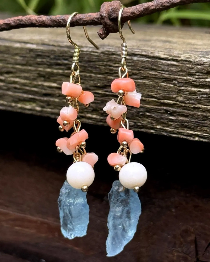 Aquamarine natural coral earrings with pearls
