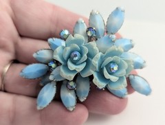 Vtg Sky Blue Glass Rhinestone AB Rose flower Lucite 3D Brooch Riveted
