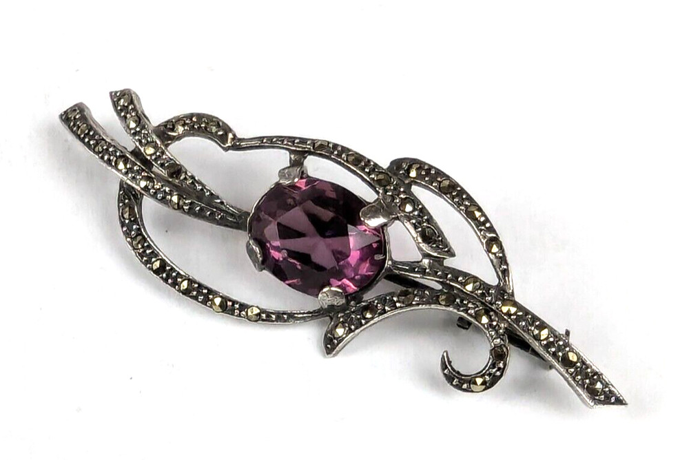 Sterling Silver Antique Edwardian Amethyst & Marcasite Brooch Pin Trombone Clasp