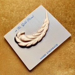 Feather Brooch NOS 18Kt Gold Plated Hand Engraved Mid Century Pin