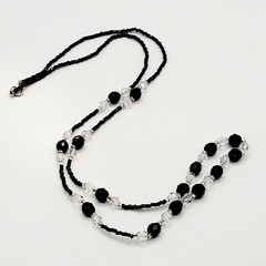 Modern Art Deco Black Clear Cut Crystal Bead Silver Tone Vintage Necklace 31 in