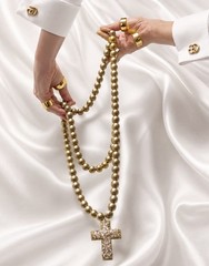 Vintage Original Shattered Fine Art Glass Cross Gold Wood Prayer Beads Necklace