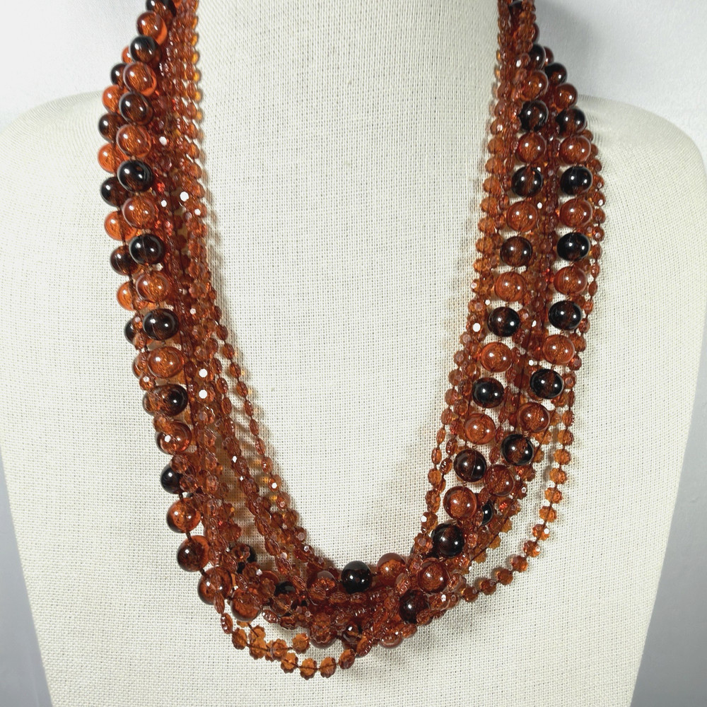 Vintage Necklace Multi Strand Beaded Long Flapper Lucite Root Beer/Cognac 48″