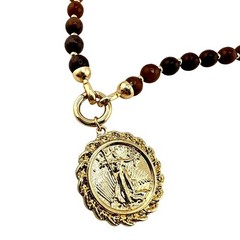 Liberty Coin Charm Brown Aventurine Beaded Gold Tone 21″ Pendant Necklace