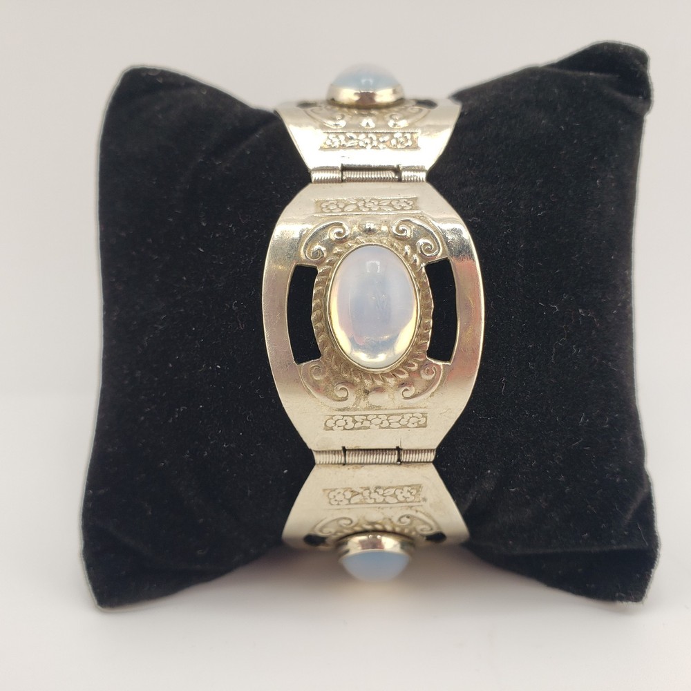 VTG Alpaca Silvertone Bracelet White Glass Cabochons Wide Links Made In Mexico