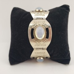 VTG Alpaca Silvertone Bracelet White Glass Cabochons Wide Links Made In Mexico