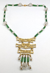 Vintage Chunky Huge Textured Gold Tone Pendant Faux Jade Asian Beaded Necklace
