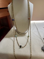 Vtg Goldette Victorian Revival Semi Precious Multi Strand Gold Tone Necklace