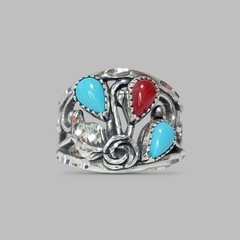 Wheeler MFG Sterling Silver Sleeping Turquoise Coral Diamond Cut Rose Leaf Ring