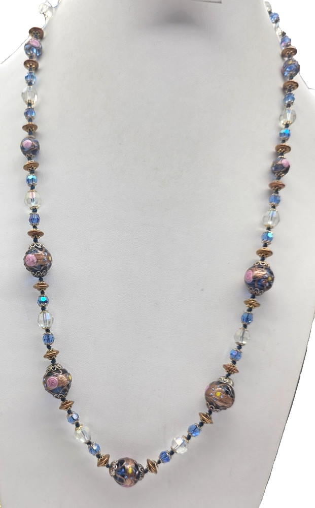 Blue Clear AB Crystal FLoral Art Glass Beaded 30 Inch Necklace Vintage