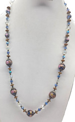 Blue Clear AB Crystal FLoral Art Glass Beaded 30 Inch Necklace Vintage