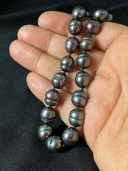Pearl Necklace Hand Knotted Beads Oil Slick Peacock 9-10mm 925 Clasp 18″
