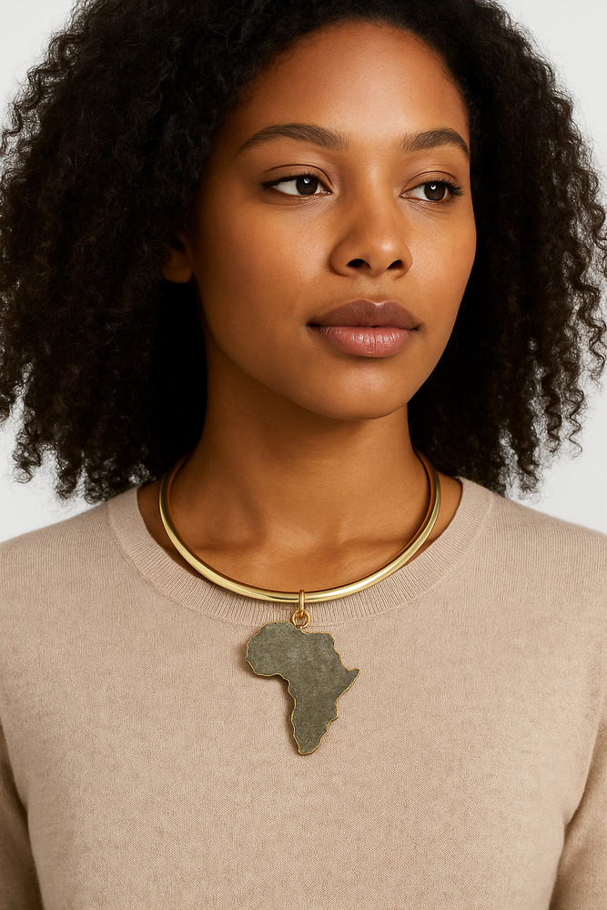 Gold Choker Necklace with Africa Map Pendant, Bold African Men Women Jewelry