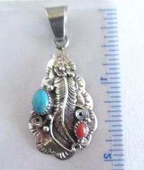 NAVAJO? STERLING PENDANT 2 INCHES, TURQUOISE & CORAL