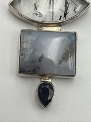 925 Sterling Silver Vtg Rutilated Quartz Gray Blue Agate And Black Oynx Pendant