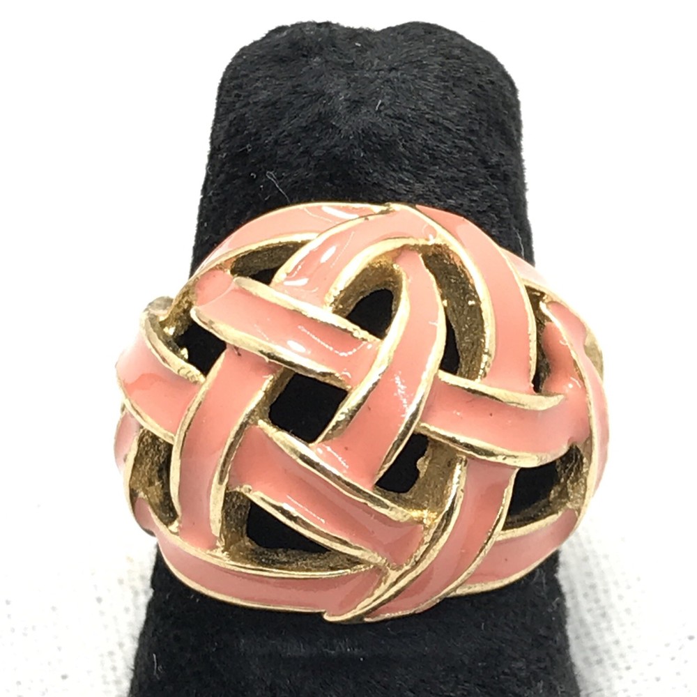 Vintage Signed 18K HGE Gold Plated Coral Enamel Basket Weave Ring varied sizes
