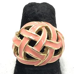 Vintage Signed 18K HGE Gold Plated Coral Enamel Basket Weave Ring varied sizes