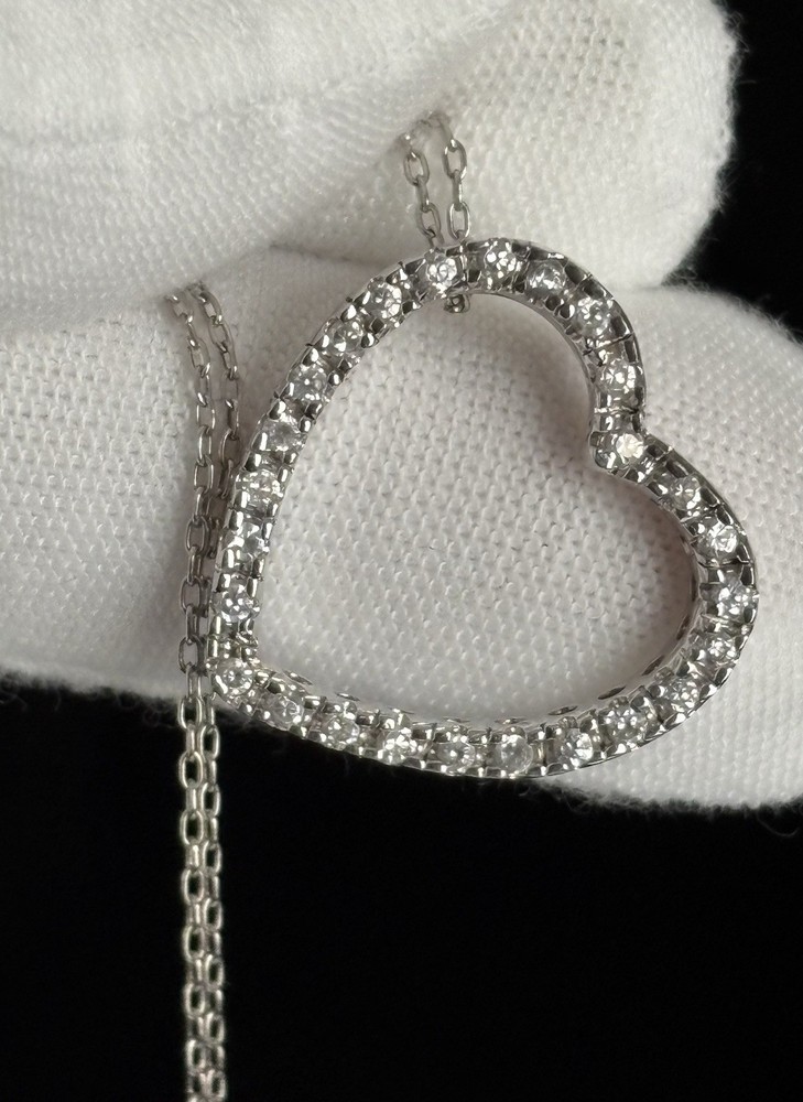 Sterling Silver Open Heart CZ Slide Pendant Cable Chain 18” Necklace 925 Ladies