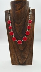 Red Enamel Square Link Necklace Silver tone Art Deco Collar Vintage 21 in