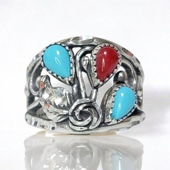 Wheeler MFG Sterling Silver Sleeping Turquoise Coral Diamond Cut Rose Leaf Ring