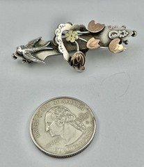 Antique Edwardian Bird Rose Gold Plate Flowers Silver Brooch Hallmarked 1903
