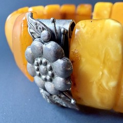 Vintage Baltic Amber Panel Bracelet with Silver Floral Clasp • Restoration Piece