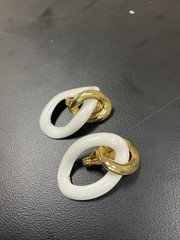 Vintage MONET Clip On Set Gold Tone & White Enamel/ Gold Texture Dangle Hoops