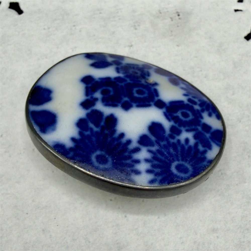 Vintage Sterling Silver 925 Blue White Porcelain Delft Style Oval Pin Brooch