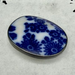 Vintage Sterling Silver 925 Blue White Porcelain Delft Style Oval Pin Brooch