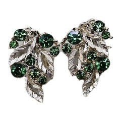 Vintage Silver Tone Green Rhinestone Clip On Fashion Earrings
