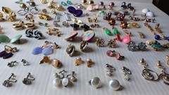 Lot 63 Pair Vintage Clip Screw Back Earrings Mixed Materials Tones Some Wear