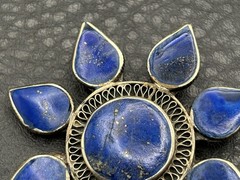 VTG Lapis Lazuli Silver Tone Flower Brooch Pin Nepal Sun Celestial Boho Ethnic