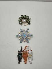 Christmas Brooch & Pendant Set • Snowflake, Cat Stack, Holiday Wreath Trio