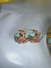 VTG Pastel Fruit Salad Collar Necklace with Carved Art Glass Stones Set