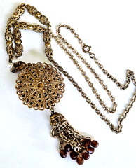 Vintage W Germany Amber Glass Faux Pearl Gold Tone Tassel Pendant Necklace 25″