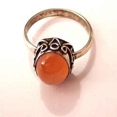 Size 9.75 Orange Carnelian Cab Ring Fancy Scrollwork 925 Sterling Silver 5.8g
