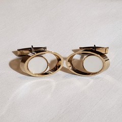 Vintage Art Deco Gold Tone Oval Mother of Pearl Cufflinks Bullet Back