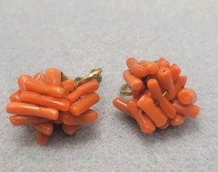 Vintage Red Coral Bead Necklace And Matching Clip Earrings , 17in.
