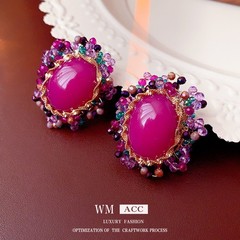 Vintage Oval Magenta Stud Earrings Sterling Silver Post Retro Luxury Ear Jewelry