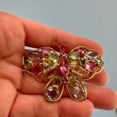 Vintage Butterfly Brooch Earrings Set Open Back Crystal Pastel Pink Green Blue