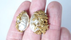 Miriam Haskell Earrings Baroque Faux Pearl Gilded Floral Clip-On Vintage 2400513