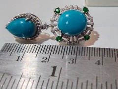 Oval & Pear Cut Natural Turquoise & Emerald Dangle Earring 14K Rose Gold Plated