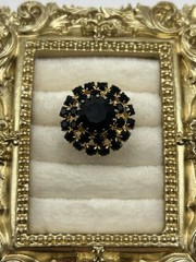 Vintage Black Rhinestone Dome Cocktail Ring Adjustable Size 6.5 Gold Tone