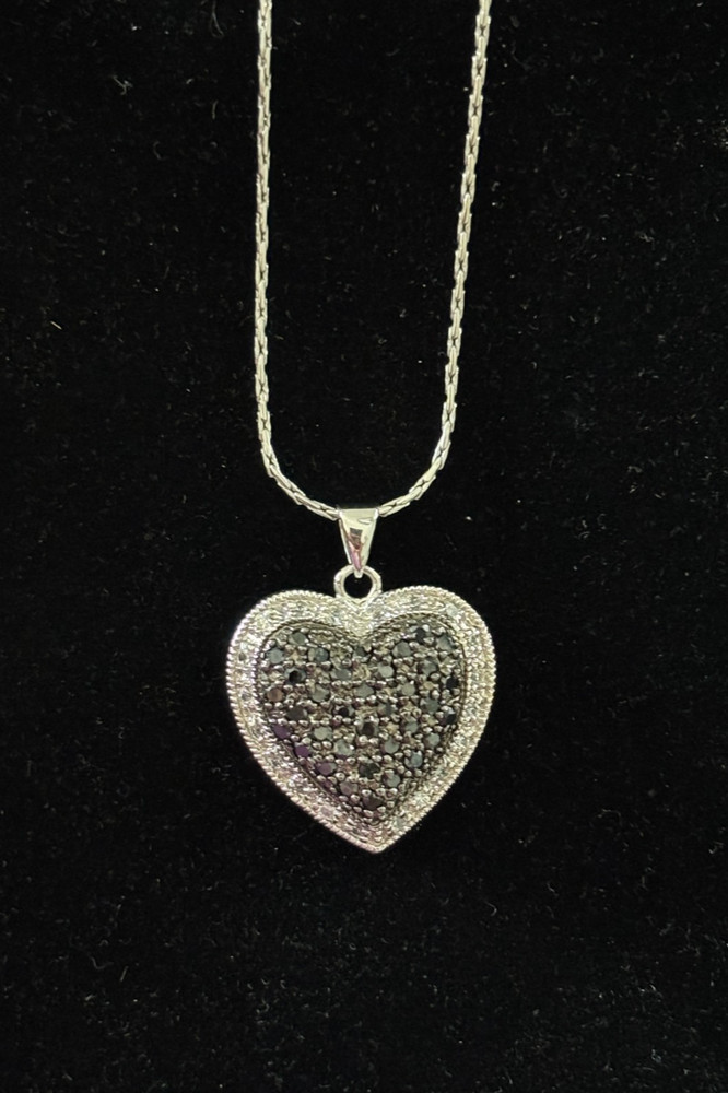 COOKIE LEE Silver Tone Hear Pendant Necklace Black & Clear Rhinestones 16-18″