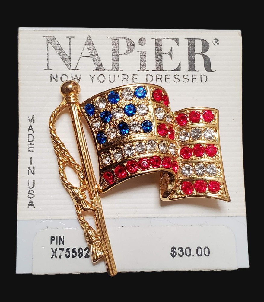 American Flag Pin by Napier 1.5″ Rhinestone Brooch Red White Blue Made in USA