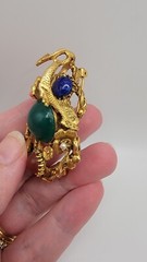 Swoboda Triple Dragon Jade Carnelian Figural Pin Brooch Gold Color VTG Estate