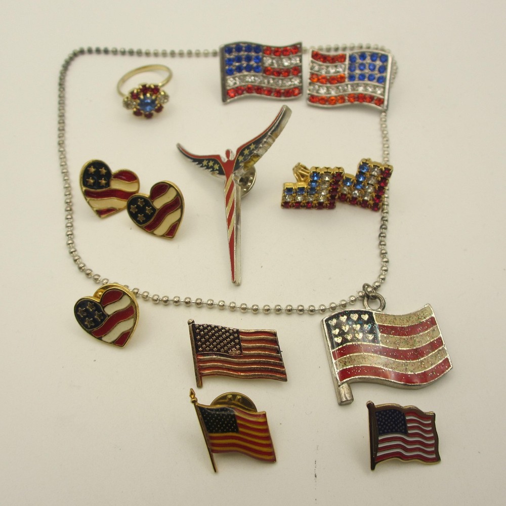 Vintage Patriotic Jewelry Lot Brooch Pin Earrings Ring Necklace Flag Heart