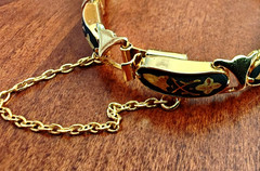 Vintage Spanish Style Damascene Black & Gold Tone Link Bracelet w/ Safety Chain